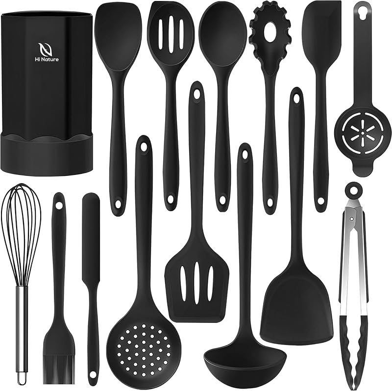 Hi Nature Silicone Kitchen Utensils Set, 15 Pieces with Stand, Heat Resistant, BPA — Casa e cucina